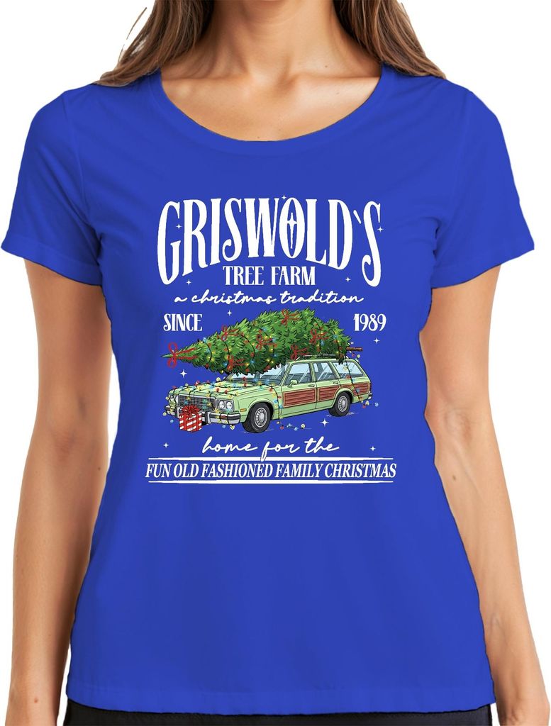 Griswold's Tree Farm Christmas Tradition Tannenbaum Weihnachten Damen T-Shirt, Blau, M