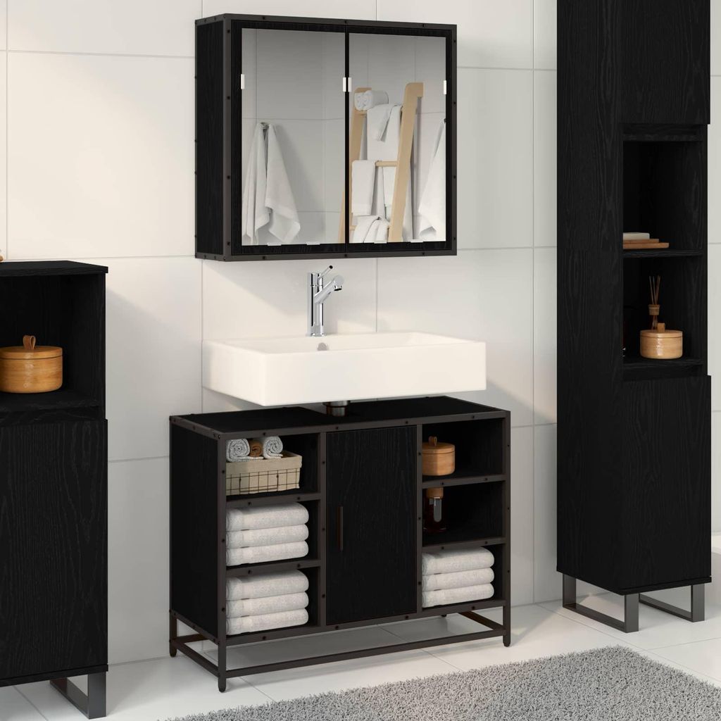 "Schlussverkauf" Badezimmer Sets 2 Stück - Badmöbel/Badschrank/Badregal - Schwarz Eichen-Optik Holzwerkstoff C13258