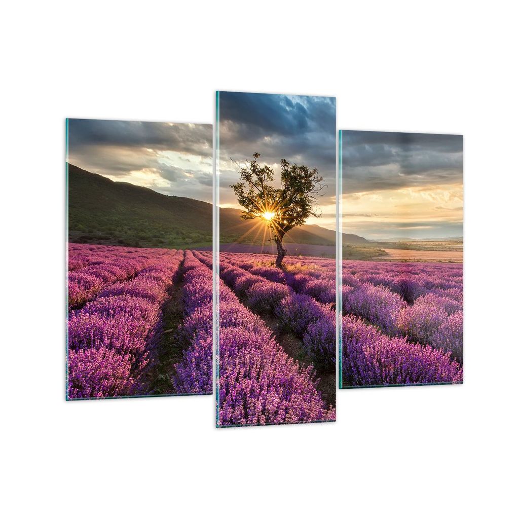 Bilder auf glas - Lavendel Berge Feld - 130x100cm - Glasbilder - Wandbilder - Kunstdruck - zum Aufhängen bereit - Wanddekoration aus Glas - Glas B...