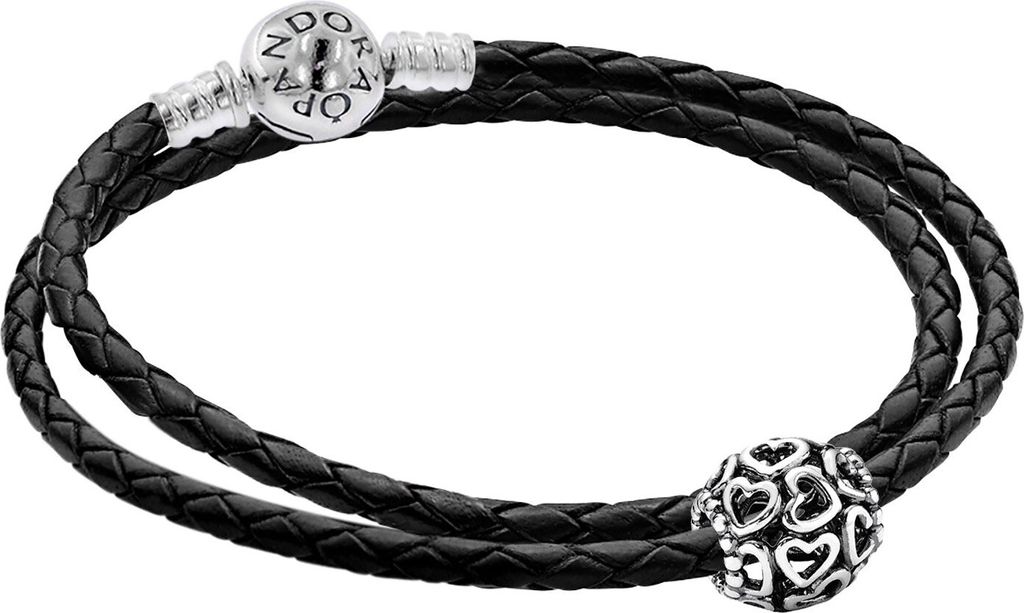 Pandora 51521 Damen Leder-Armband Starterset mit Charm Offene Herzen, 35 cm