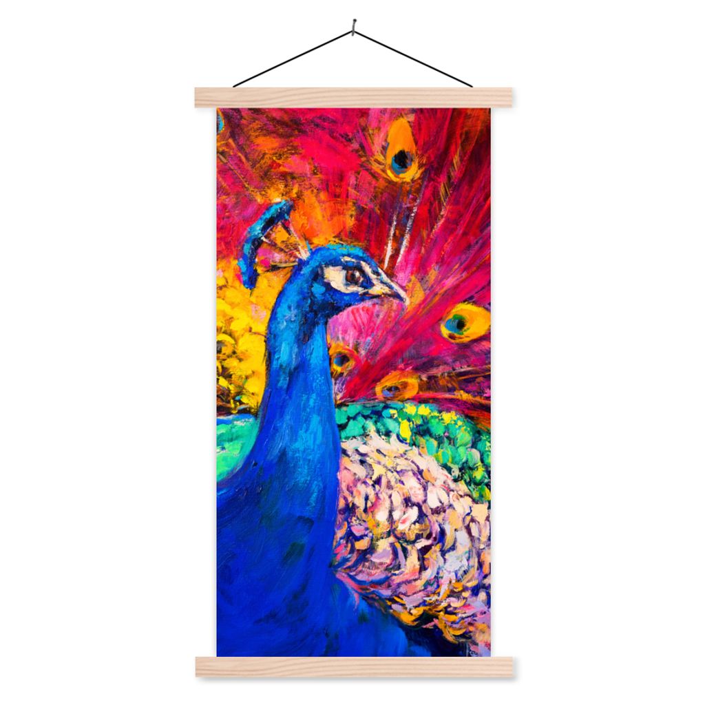 MuchoWow Textilposter Gemälde - Vogel - Pfau - Ölgemälde 40x80 cm mit holzfarbenen Rahmen - Wohnzimmer