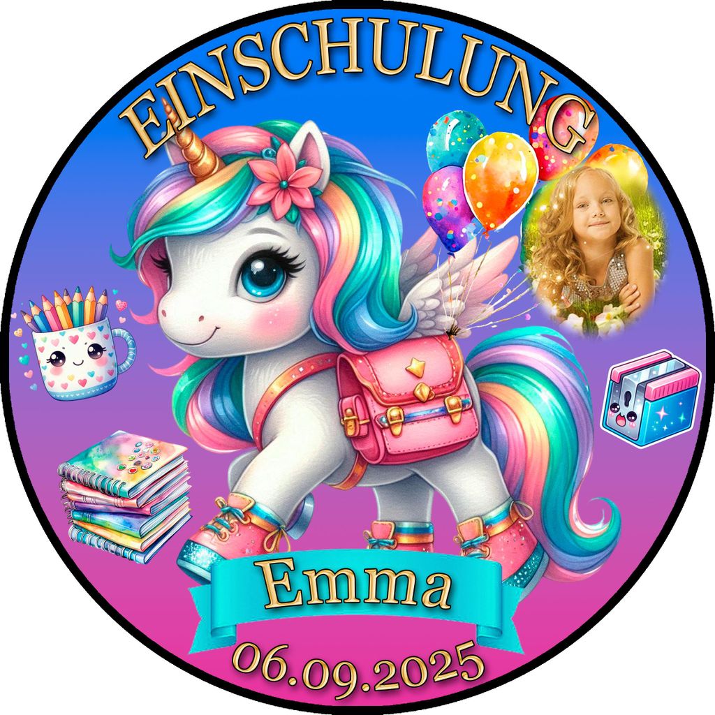 Tortenaufleger Tortendeko Fototorte Einhorn Regenbogen Einschulung Schulanfang Mein 1. Schultag Schuleinführung SE04 (Zuckerpapier) Rund 14 cm Ø ...