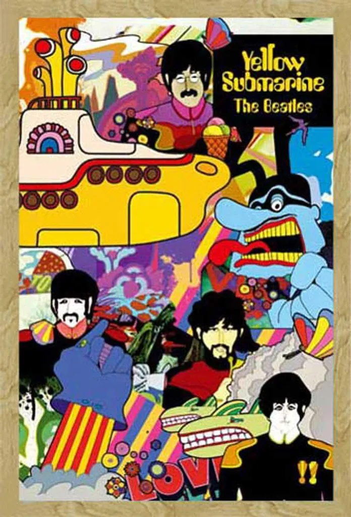 Affiche The Beatles Yellow Submarine 61x91,5 cm avec Cadre en MDF Hêtre