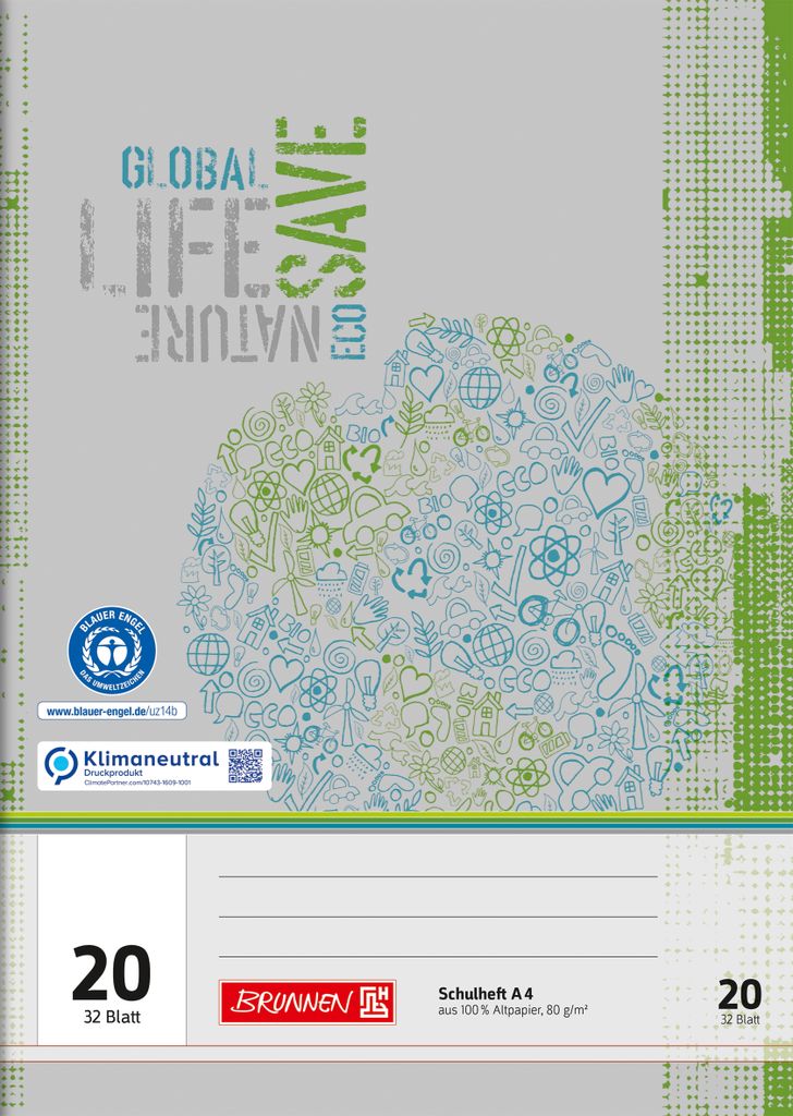 Brunnen Schulheft A4 Lineatur 20 32 Blatt, unliniert, Recyclingpapier