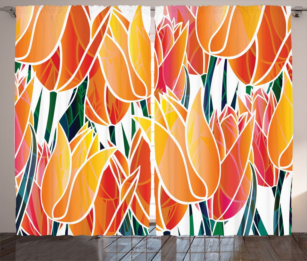 ABAKUHAUS Orange Rustikaler Gardine, Floral Tulip Garden, Schlafzimmer Kräuselband Vorhang mit Schlaufen und Haken, 280 x 245 cm, Orange