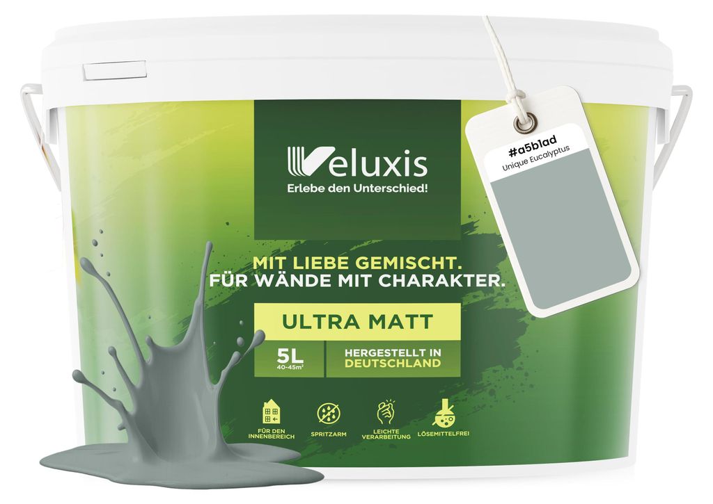 Wandfarbe Grün Grau Hellgrau Matt Innenfarbe – Deckkraft Klasse 1, VOC-frei, Ohne Grundierung, Tropfarm – Wohnzimmer & Schlafzimmer – 5L –...
