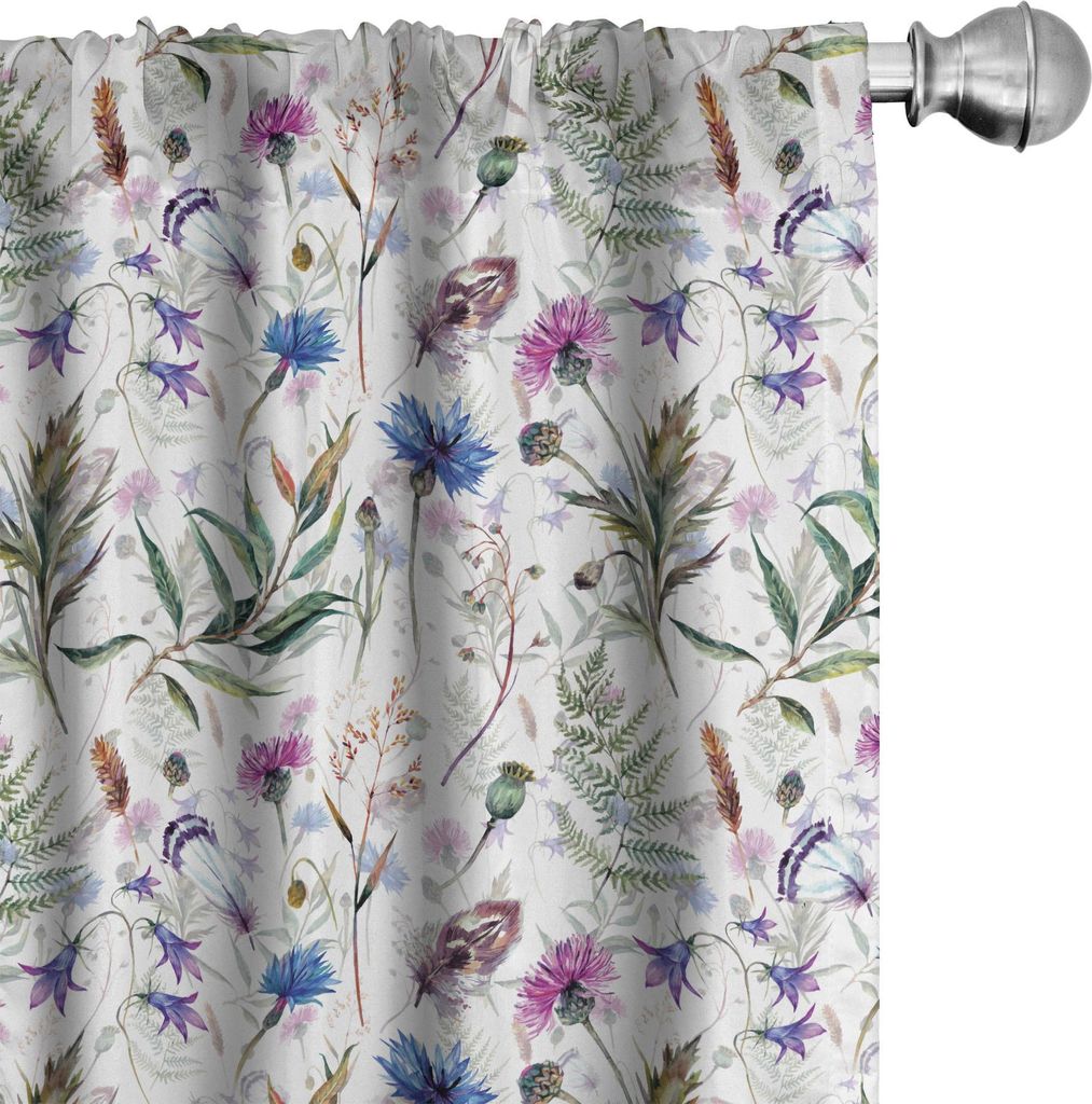 ABAKUHAUS Distel Vorhänge, Gardinen, Handgezeichnete Aquarell Stil Sommer Wildblumen Muster als Kornblume und Distel, 2 Stück 75 x 225 cm, Mehrfa...