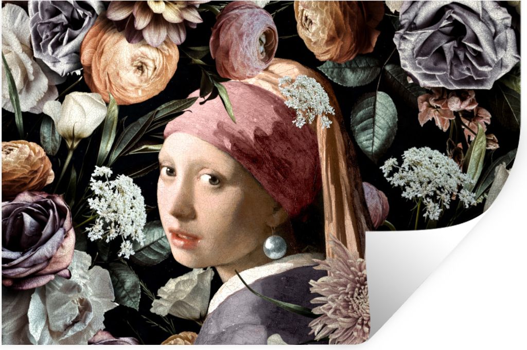 MuchoWow Wandtattoo Wandsticker Wandaufkleber Mädchen mit Perlenohrring - Blumen - Vermeer - Pastell - Kunstwerk - Gemälde - Alte Meister 90x60...