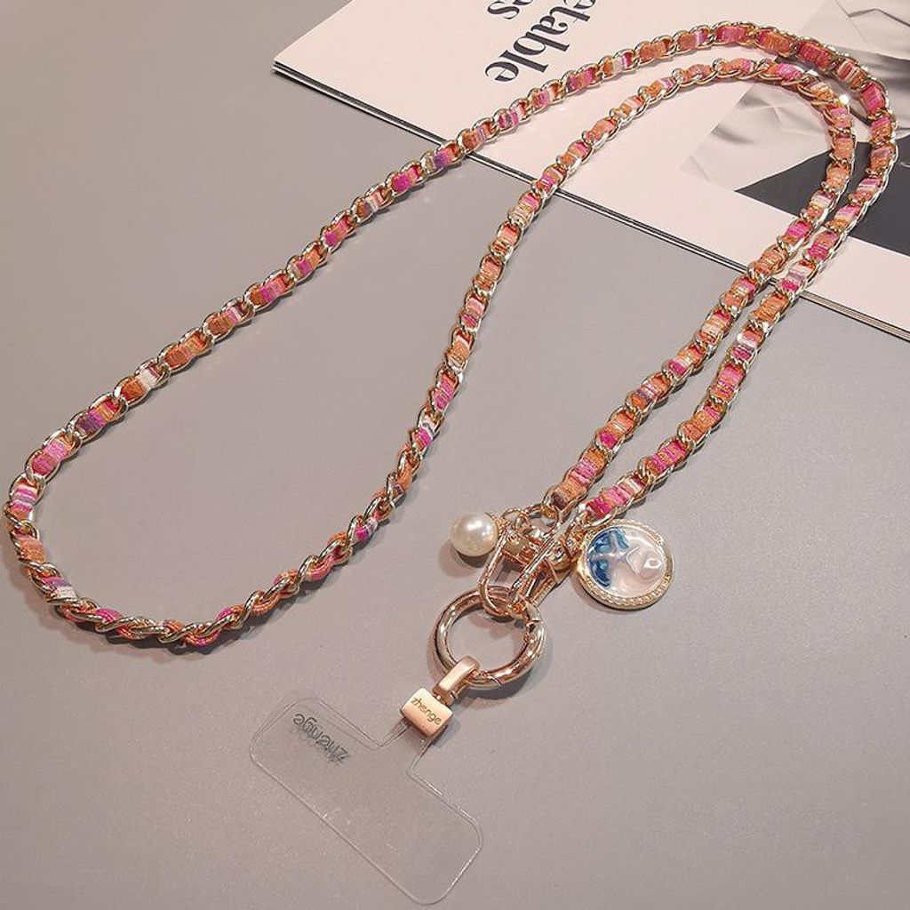 Handykette Damen lang, Metallkette mit gewebtem Stoffband, Produktbild 