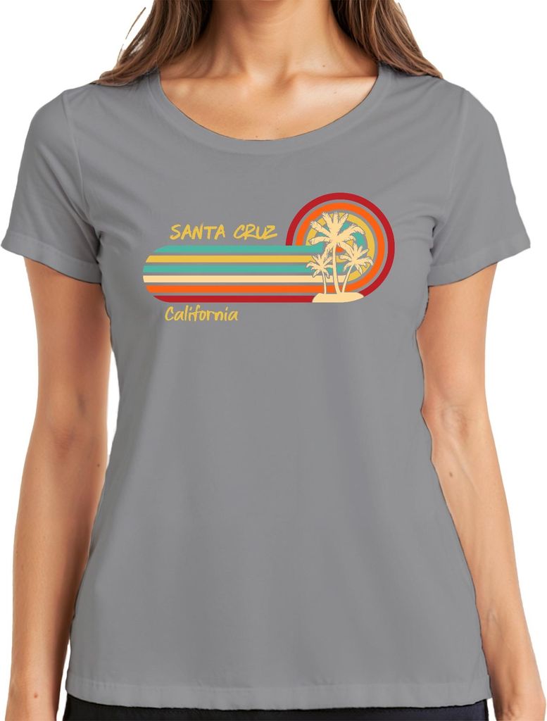 Santa Cruz California Retro Palmen Sonnenuntergang Strand Surfer Damen T-Shirt, Grau, XXL