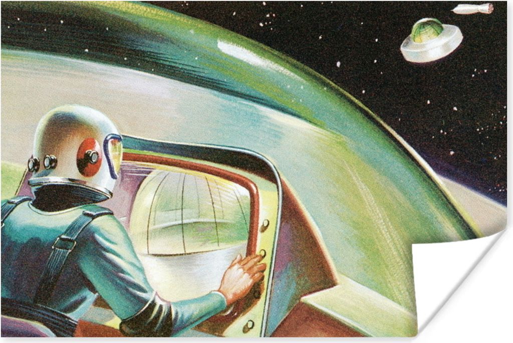 MuchoWow Poster Eine bunte Illustration eines UFOs im Weltraum - Jungen - Mädchen - Kinder - Kind 120x80 cm - Bilder