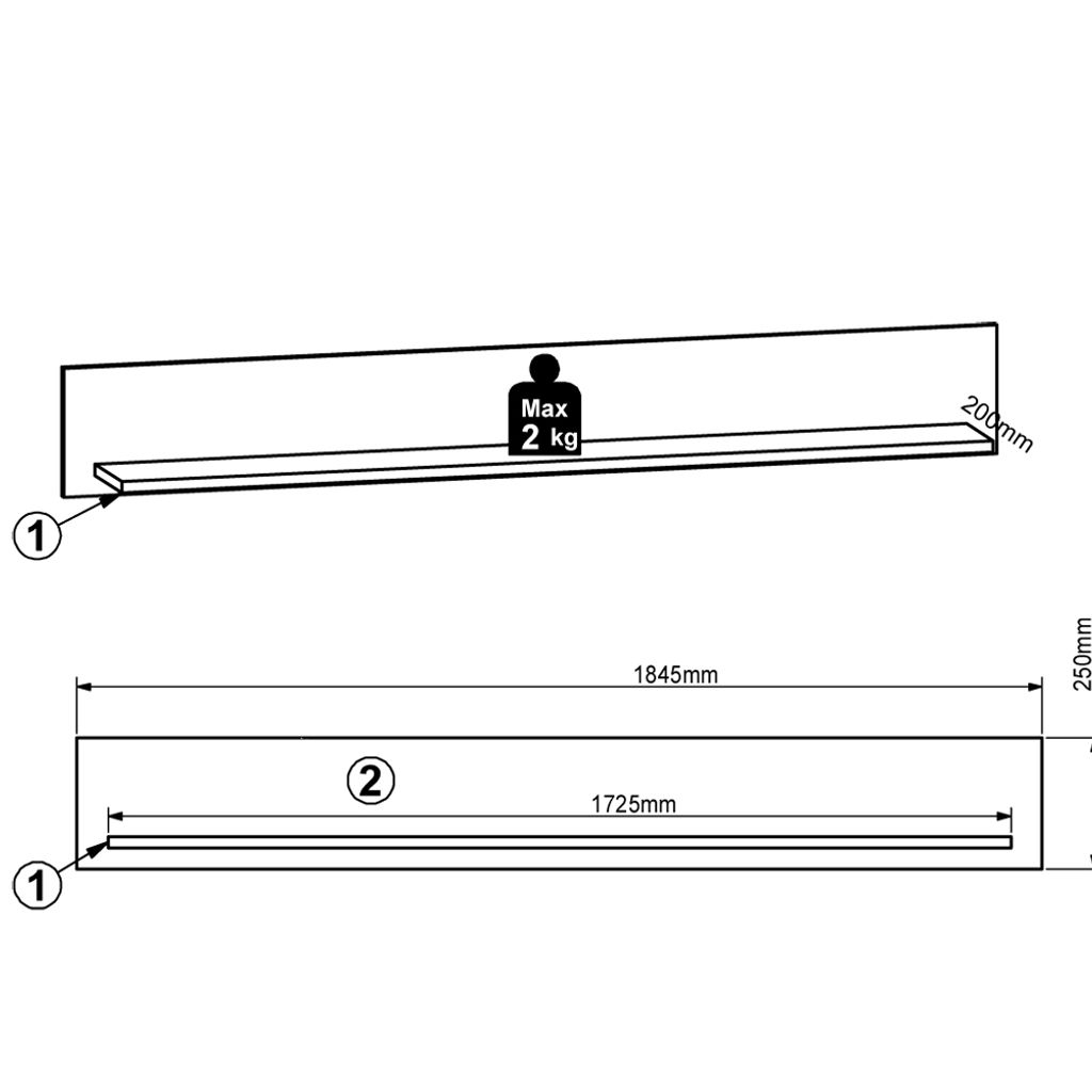 Wandboard 185 cm BURNHAM-36 in Eiche Nb., B/H/T ca. 185/25/22 cm