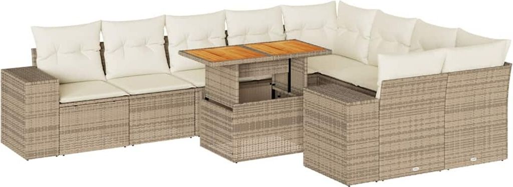 10-tlg. Garten-Sofagarnitur mit Kissen Beige Poly Rattan Akazie