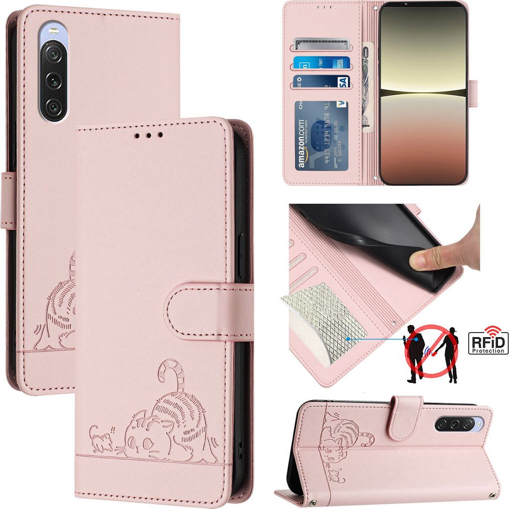 Leder Hülle für Sony Xperia 10 V Süße Katze Flip Case Brieftasche Schutzhülle mit Standfunktion Pink