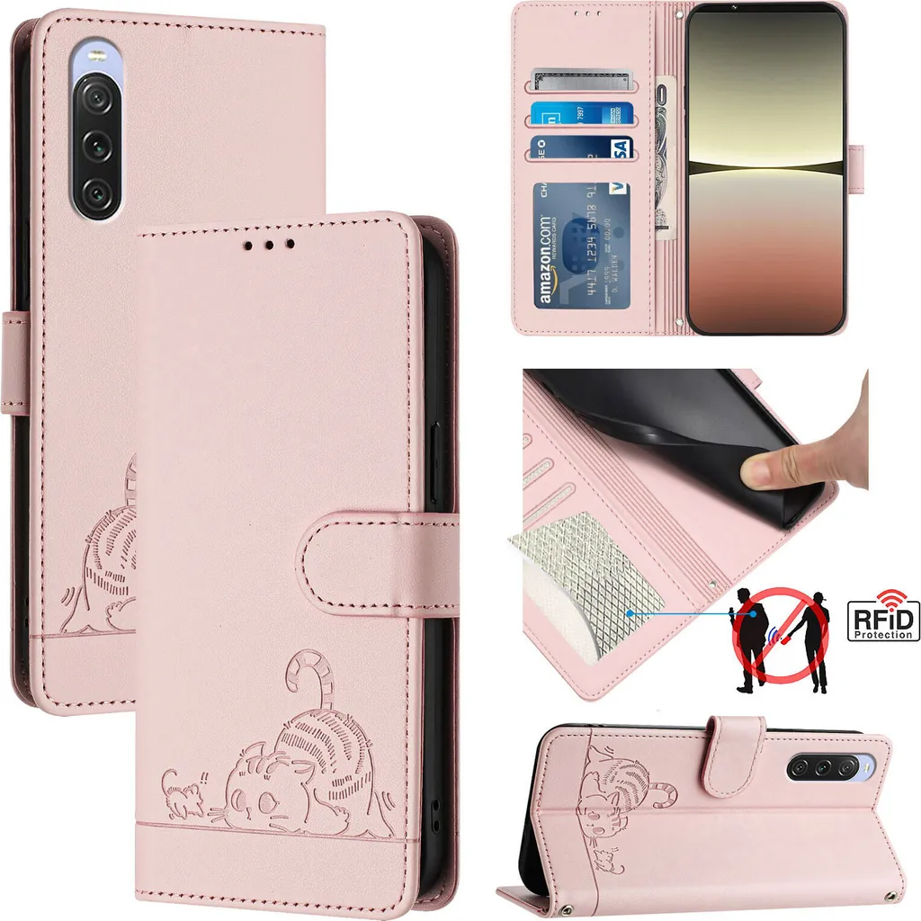 Custodia in pelle per Sony Xperia 10 V, dolce gatto Custodia flip con funzione stand e portafoglio Rosa