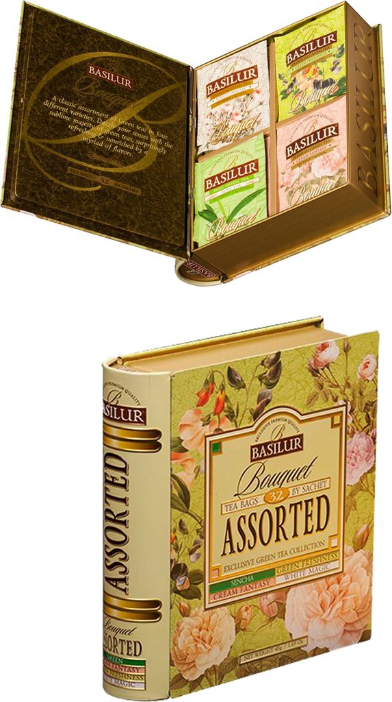 A top view of an open book-shaped tea box and a side view of the closed book-shaped tea box.