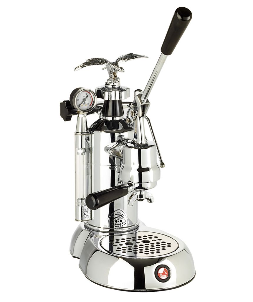 A chrome espresso machine with a black lever and handle, and a gauge on the side.
