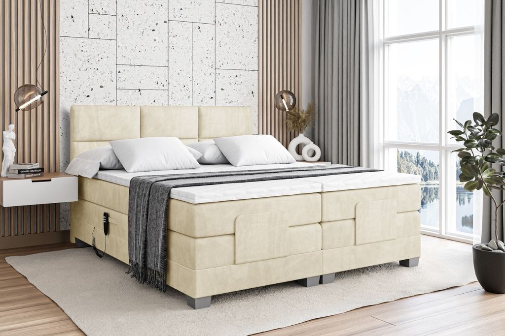 ALTDECOR Boxspringbett elektrisch verstellbar mit 2 Matratzen H3/Bonell- und H4/Taschenfederung + Topper (4 cm hoch), Polsterbett mit Kopfteil PROT...