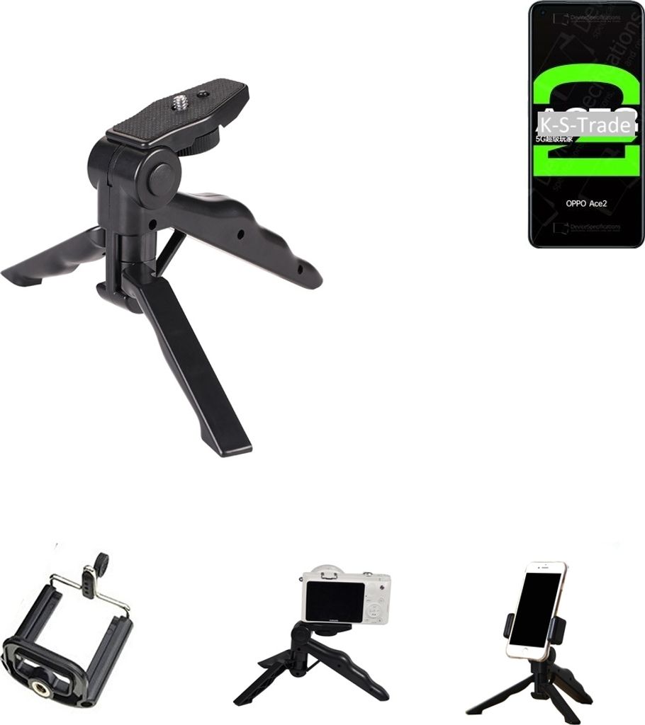 K-S-Trade Stativ Tisch-Ständer Dreibein Handy-Stativ Ständer kompatibel mit Oppo Ace2 Mini-Stativ Smartphone Tripod Handy-Stativ aus Plastik schwarz