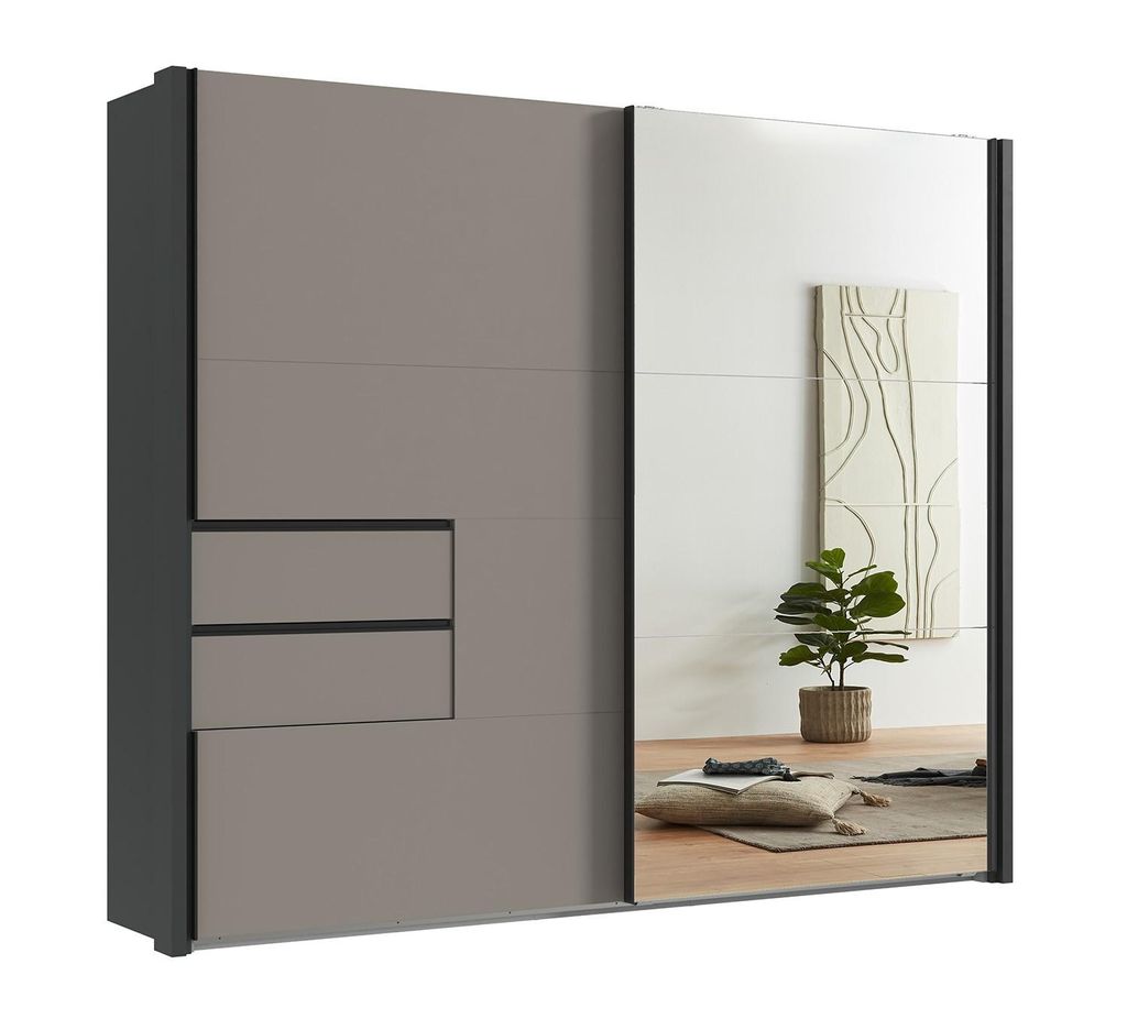Schwebetürenschrank Kleiderschrank Passepartout 262 cm Schubl. Sand Grau Spiegel / 22062