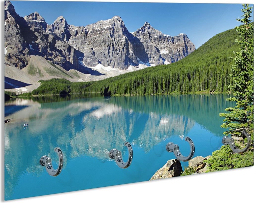 Wallario Schlüsselbrett aus Glas, Motiv: Tiefblauer See mit Bergpanorama und Wäldern Kanada, 30 x 20 cm mit 4 Haken