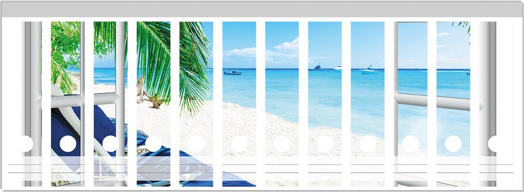 Wallario Ordnerrücken Sticker, selbstklebend für breite Ordner, 12 Stück, Motiv Blick durch ein Fenster auf den Strand
