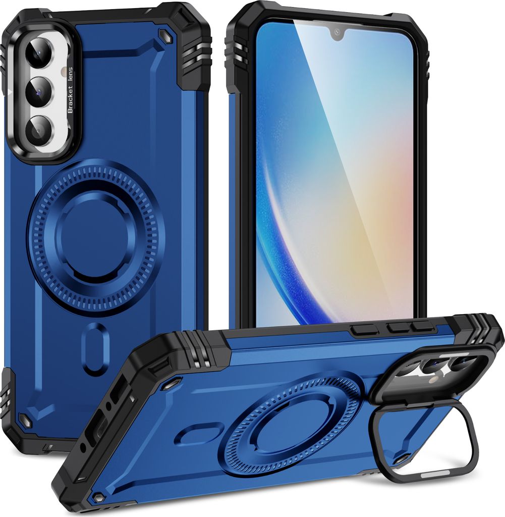 Magnetisch Hülle für Samsung Galaxy A34, Heavy Duty Militärischer Stoßfest Handyhülle Kamera-Ringständer Blau