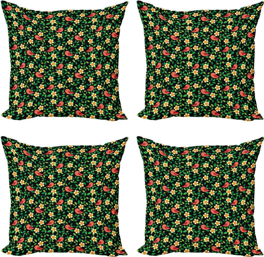 ABAKUHAUS Frühling Kissenbezug Set (4 Stück), Blumenblatt-Blatt und kleine Vögel, Moderner Doppelseitiger Digitaldruck, 60 cm x 60 cm, Dunkle Co...