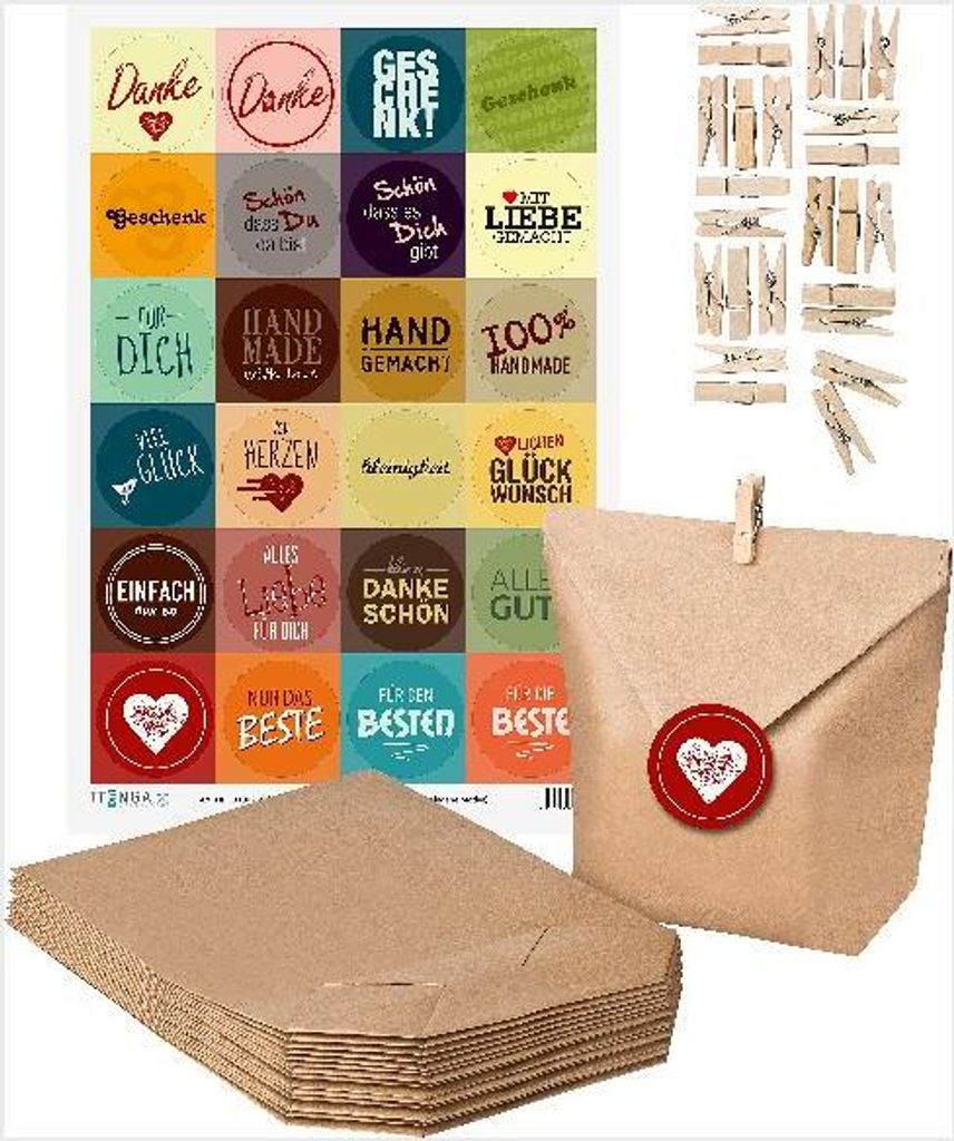 SET MIX 24x Geschenktüten + 24x MiniKlammer + 24x verschiedene Aufkleber