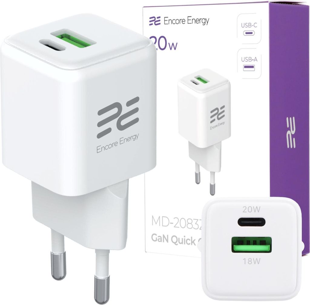 Netzladegerät GaN 20W USB-A USB-C QC PD Encore Energy Produktbild 