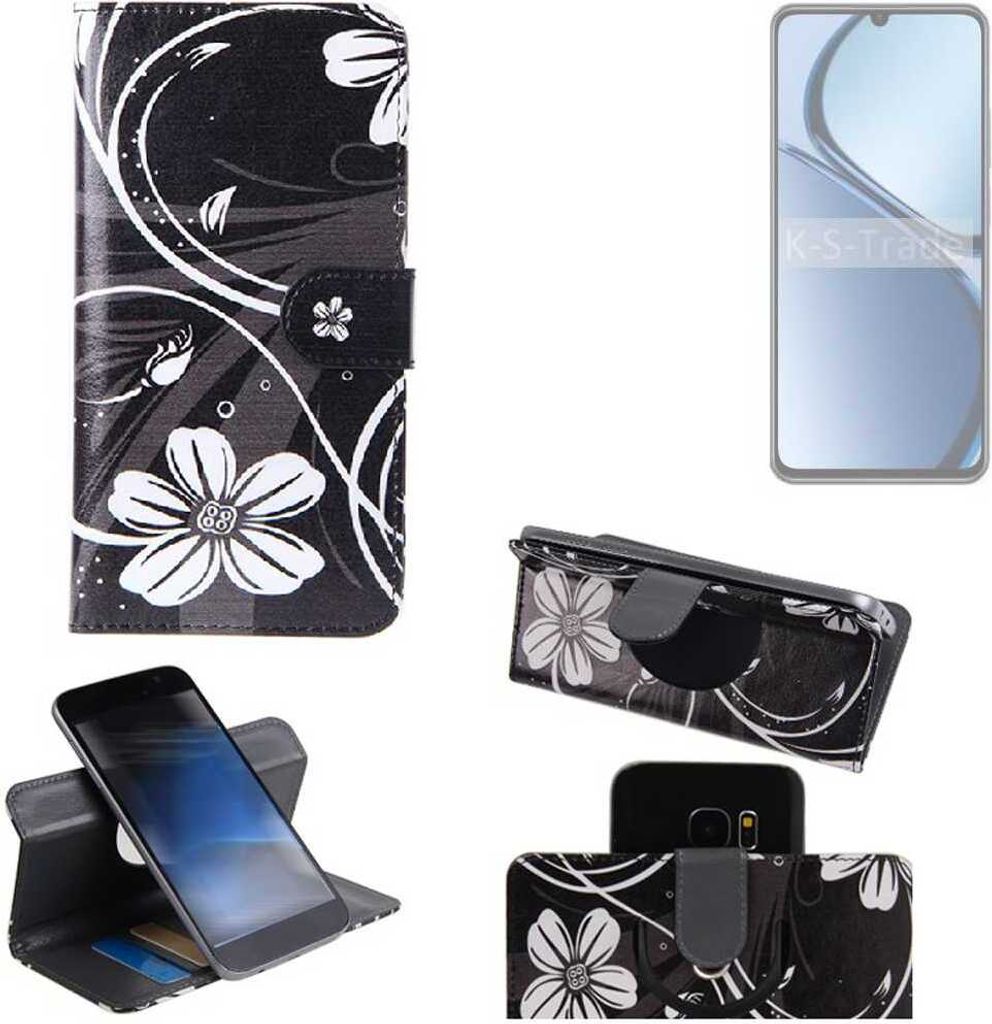 K-S-Trade Schutzhülle Handyhülle kompatibel mit Realme C63 Hülle 360° Wallet Case “Flowers“ Klapphülle Hülle schwarz-weiß 1x