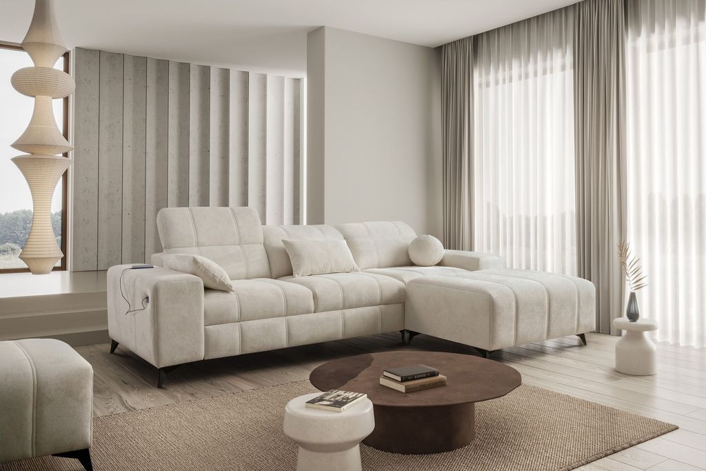 Ecksofa Wohnzimmer Couch DAFNE I - Ottomane Links / Rechts zur Auswahl - Beige, Creme - - IM Sofa