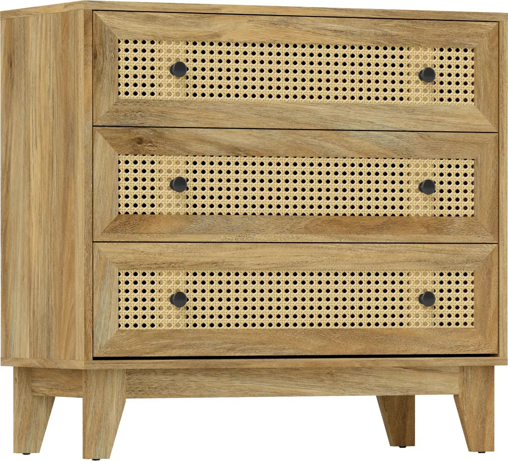Petit Buffet de Rangement 3 Tiroirs en Cannage Rotin et Bois Clair
