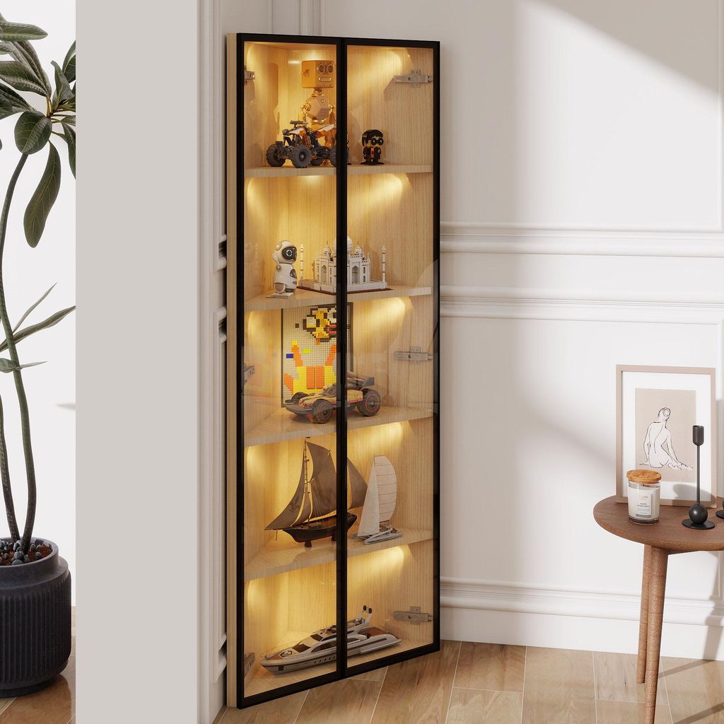 Merax Glasvitrine mit LED Licht, Eckvitrine Hochschrank mit Zwei Glastüren, Stehend Vitrinenschrank, Badezimmerschrank, 62x35x160cm, Oak