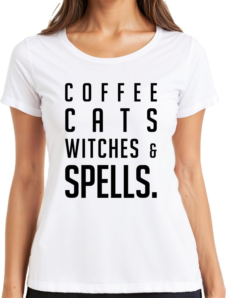 COFFEE CATS WITCHES & SPELLS. Kaffeeliebhaber Katzenfan Halloween Damen T-Shirt, Weiß, XL