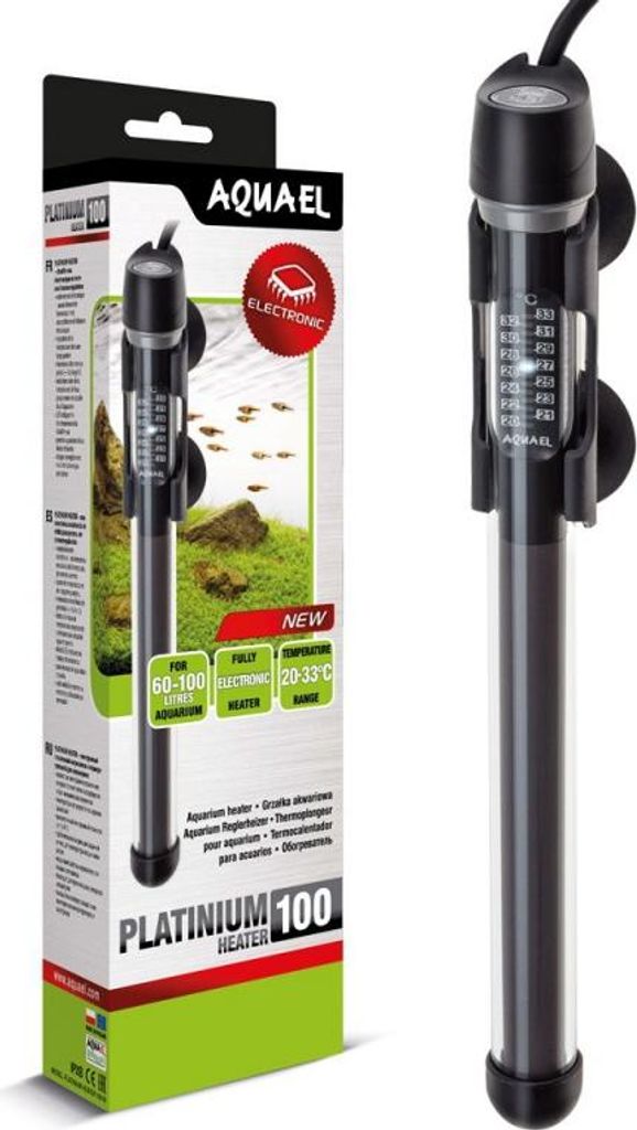 A product shot of an aquarium heater and its packaging.