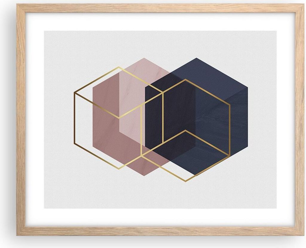 Gerahmtes Poster - Rahmen in heller Eiche - Sechsecke Modern Gold - 50x40 cm - Wand Bild - Wanddeko - Wandbilder - Kunstposter - Wandposter - Bilde...