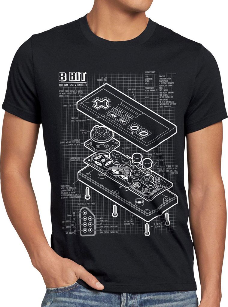 style3 NES Controller Blaupause Herren T-Shirt classic 8-Bit mario donkey bros kong, Größe:4XL, Farbe:Schwarz