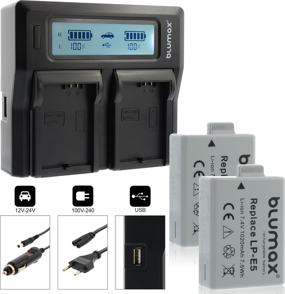 2x Akku + Lader für Canon EOS 450D, EOS 500D, EOS 1000D LP-E5 1020 mAh