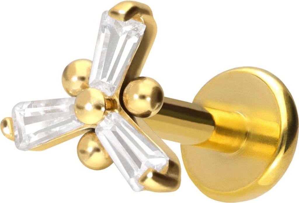 Ohrpiercing, Nasenpiercing Titan Labret mit Push Fit KRISTALLBLUME Gold Stablänge: 7mm | Stabstärke: 1,2mm
