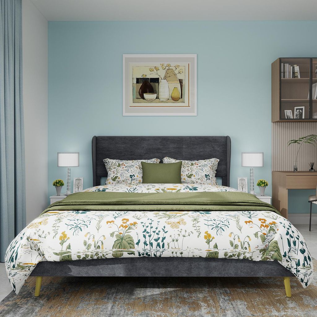 Sweiko Modern Minimalist Upholstered Bed with Soft Headboard, 140x200 cm, Grey, Multifunctional Bedroom Furniture, Low-Profile Base (Non-Storage De...