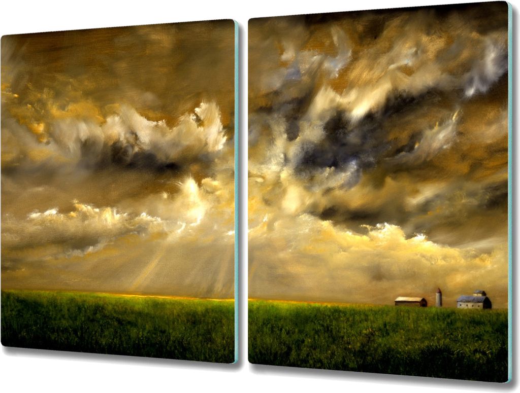 Coloray Schneidebrett Herdabdeckplatte 2x40x52 cm Kochplattenabdeckung Küchenbrett Hackbrett - Landschaft Dorf Feld Himmel