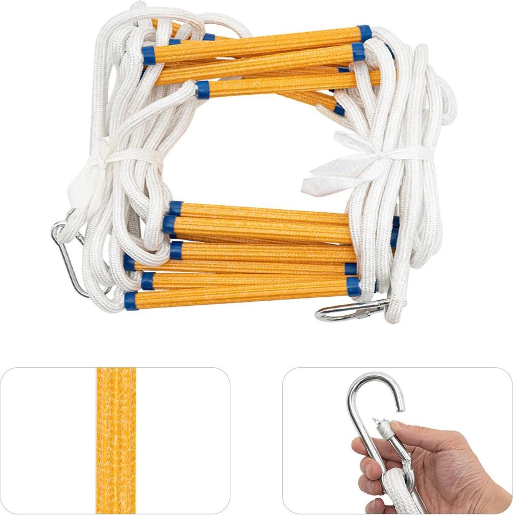 A collage showing a coiled rope ladder and close-ups of its components.