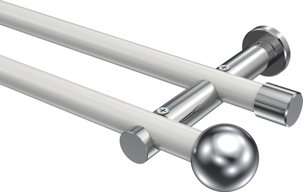 Interdeco Gardinenstange / Vorhangstange Weiß / Chrom, Typ Platon Luino (Kugel) ohne Ringe, 20 mm Ø 2-läufig, 100 cm