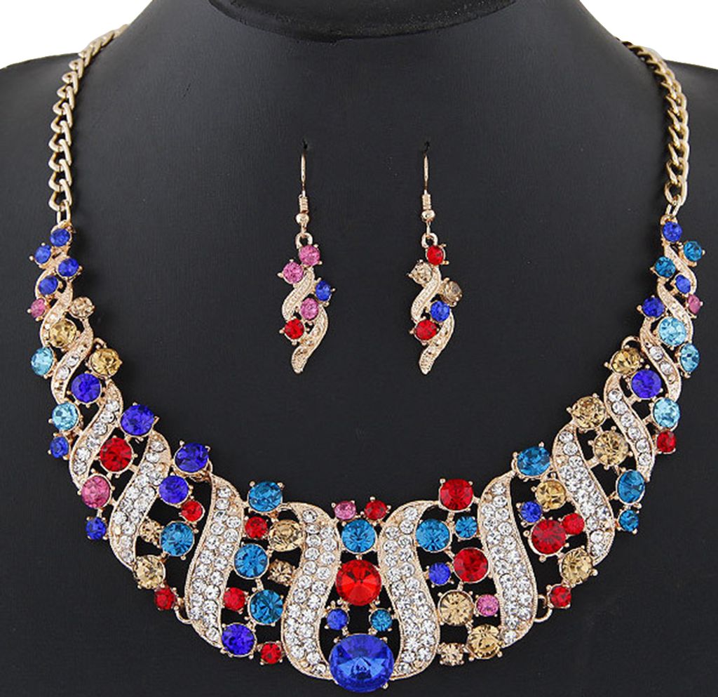 Frauen Strass Spirale Bib Halskette Haken Ohrringe Statement Party Schmuck Set-Mehrfarbig