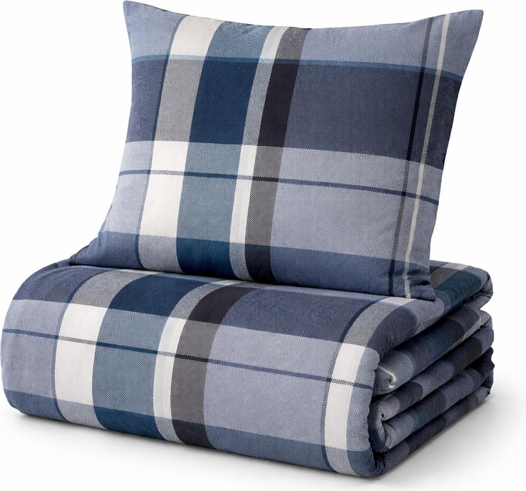 Feinbiber Bettwäsche Blau (Kariert) 2-teilig 155x220/80x80 cm, Bettbezug mit Reißverschluss, warm, weich, 100