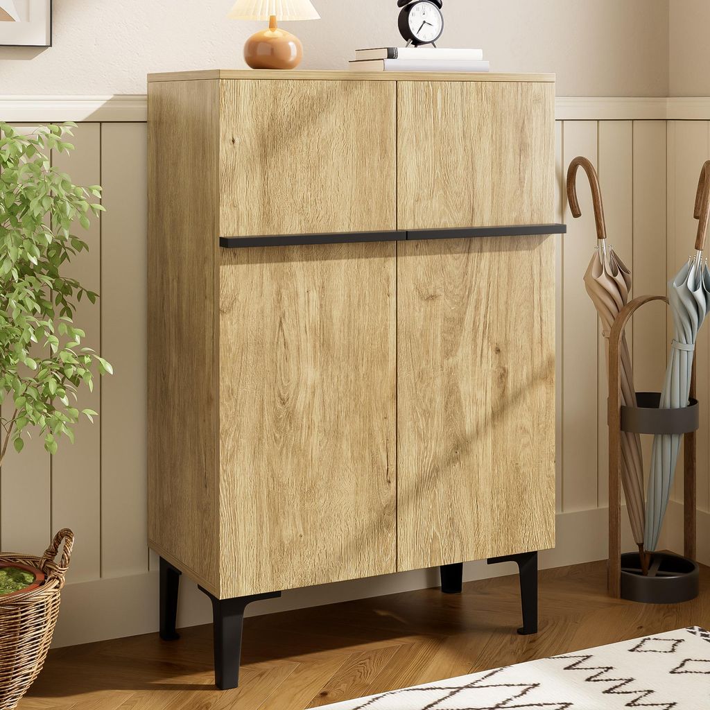 Moderner Schuhschrank mit Doppeltüren in Holzoptik und Schwarz – Großer Stauraum, verstellbare Böden, platzsparendes Design 95×60×34,5 cm f...