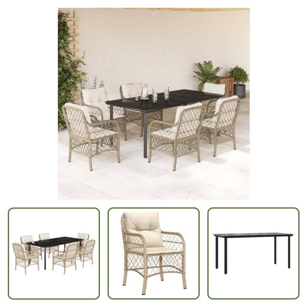 The Living Store 7-tlg. Garten-Essgruppe mit Kissen Beige Poly Rattan