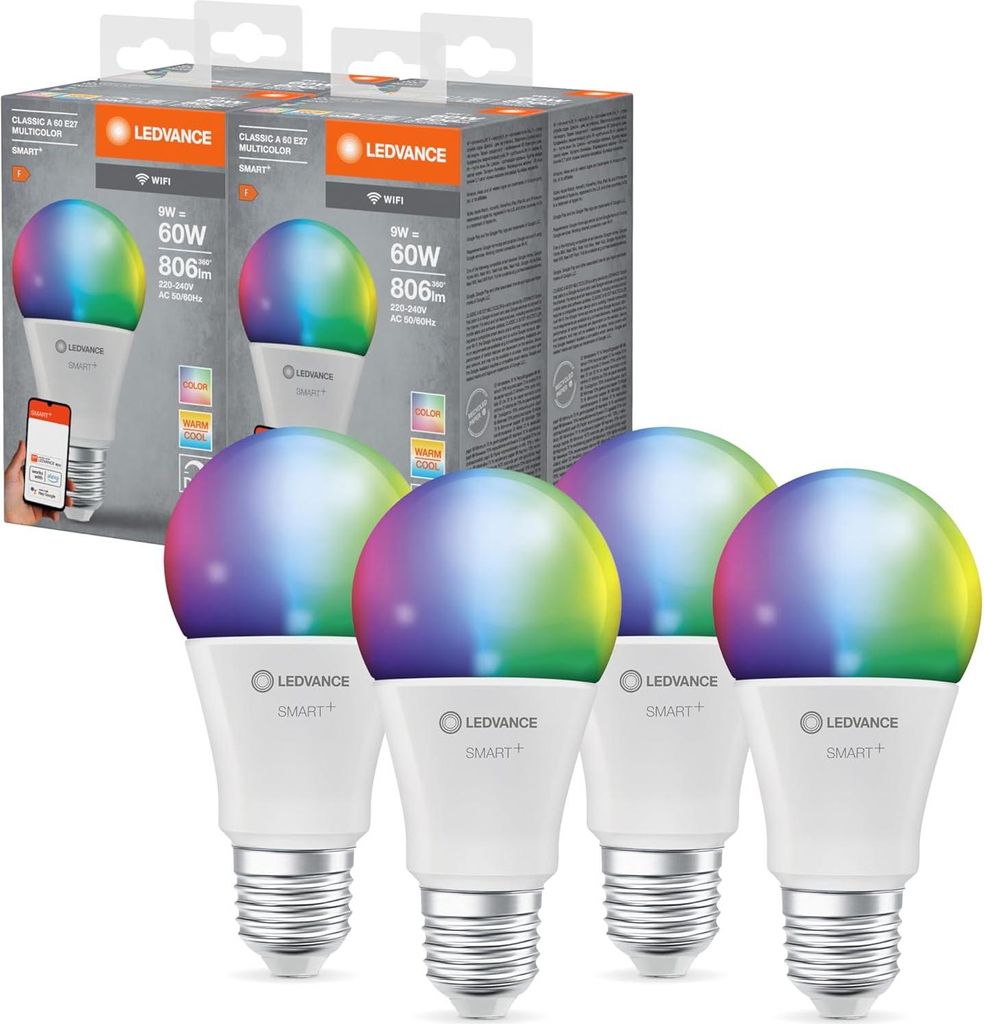 4 x Ledvance Smart+ LED A60 Birne 9W = 60W E27 matt 806lm RGBW 2700K-6500K Dimmbar App Alexa Google WiFi