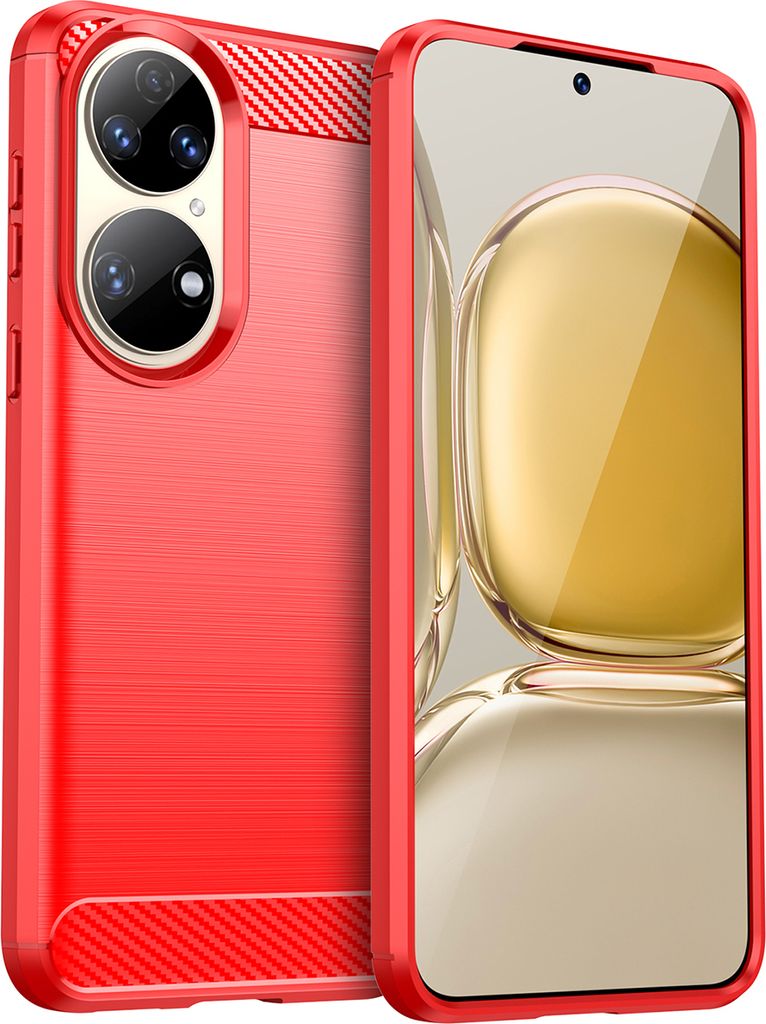 Huawei P50 Pro Hülle, Carbon-Faser TPU Silikon Stoßfest Schutzhülle für Huawei P50 Pro Rot